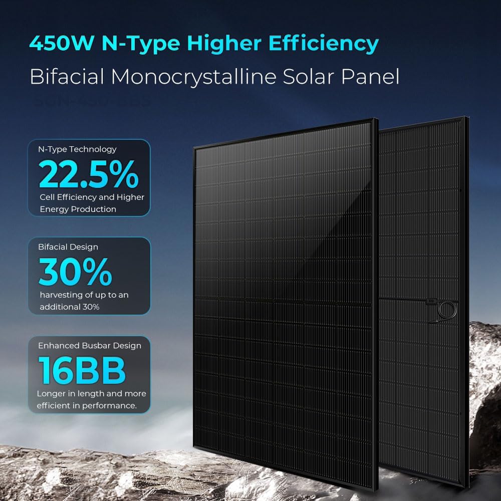 SUNGOLDPOWER 4PCS 450W Bifacial Solar Panels,N-Type 16BB,UL61730,Vmp 31V Each,HE Up to 30% Extra Power,for Home Backup,Farm,Residential&Commercial On/Off-Grid Systems(4 * 450W Bifacial)