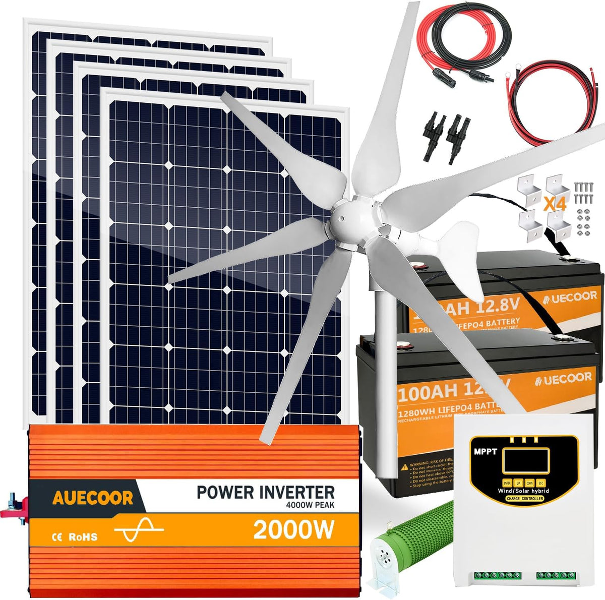 880 Watts Solar Panel Wind Turbine Hybrid System Kit:4x120W Rigid Solar Panel | 400W Wind Generator | 2000W Power Inverter | MPPT Hybrid Charge Controller |2x100Ah LiFePO4 Lithium Batteries Off Grid