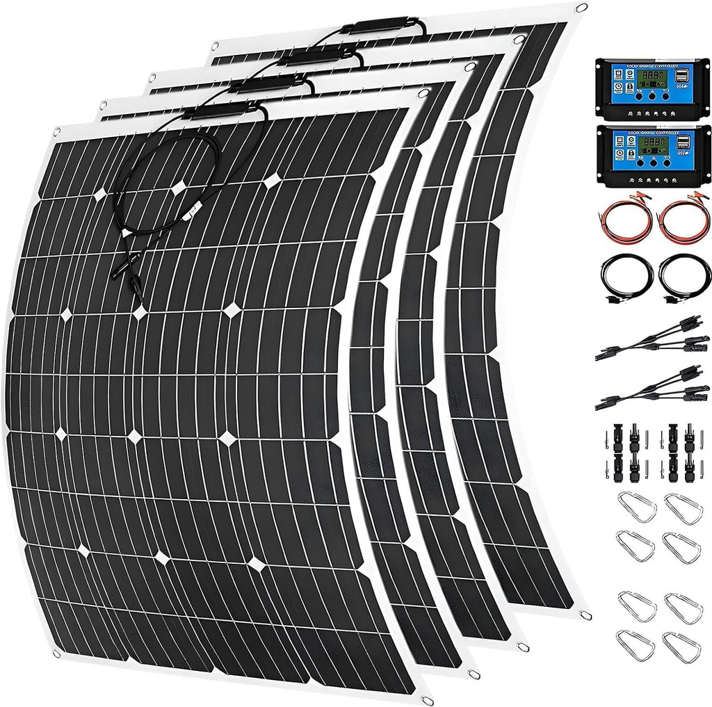 1200 Watt Solar Panel Kit, 4 × 300 Watt Flexible Solar Power Panel Photovoltaic Module with 40A Solar Charge Controller Monocrystalline Solar Panel for Camping Off Grid Battery Charging Boat